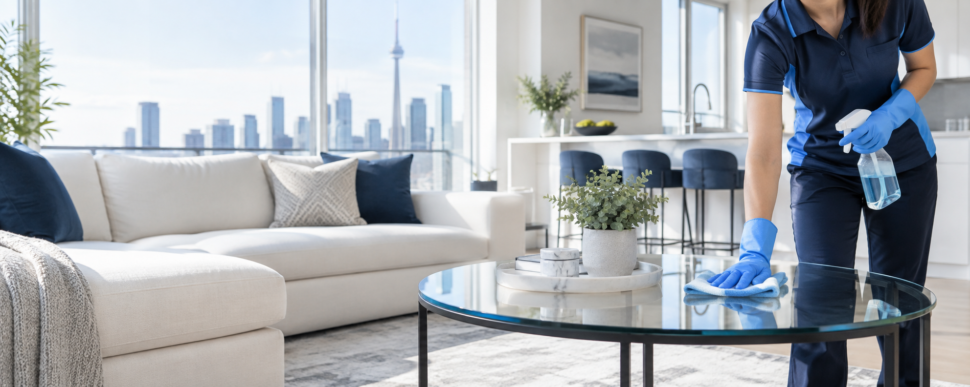 Professional cleaner refreshing a bright Toronto condo